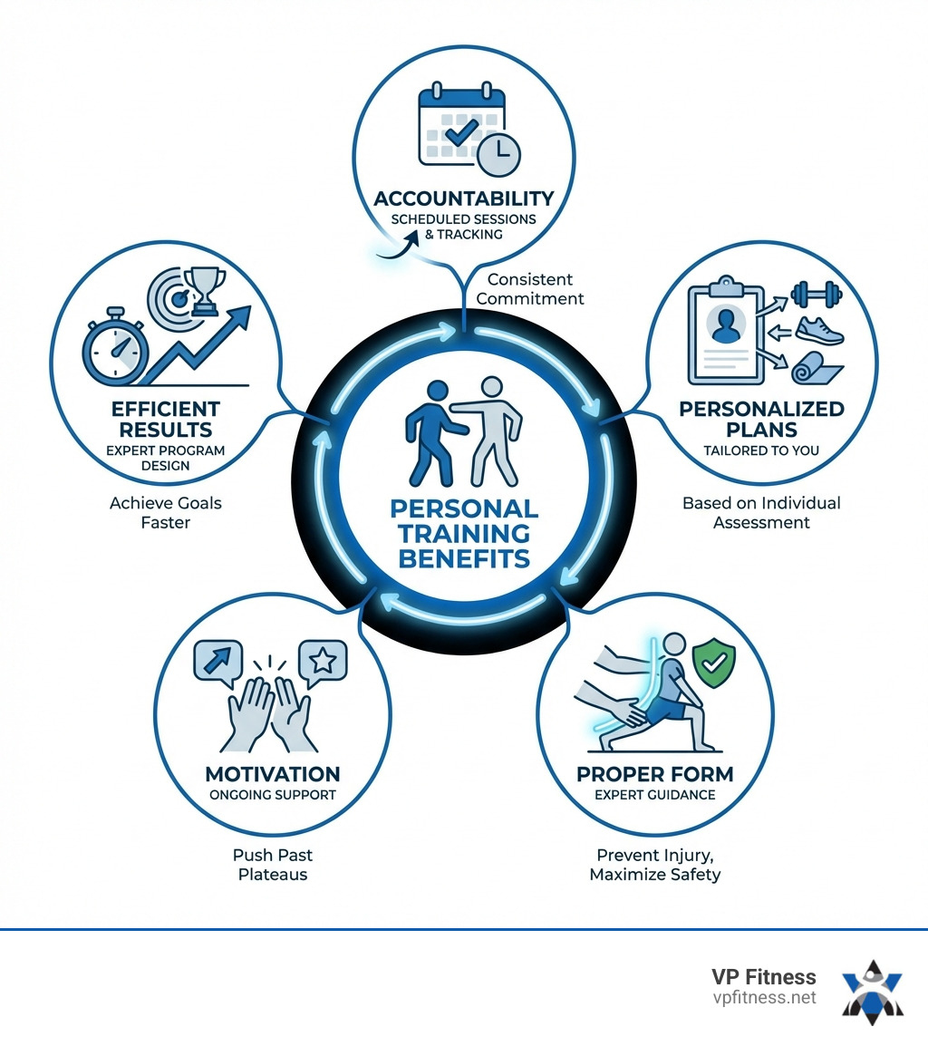 infographic showing benefits of personal training including accountability with scheduled sessions, personalized workout plans based on individual assessment, proper form demonstration to prevent injury, motivation through positive reinforcement, and efficient results from expert program design - exercise personal trainer infographic 
