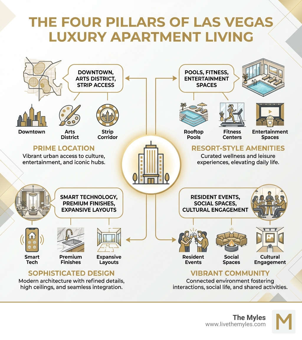 Infographic showing the four pillars of luxury apartment living in Las Vegas: Prime Location featuring downtown, Arts District, and Strip access; Resort-Style Amenities including pools, fitness centers, and entertainment spaces; Sophisticated Design with smart technology, premium finishes, and expansive layouts; and Vibrant Community with resident events, social spaces, and cultural engagement - Vegas luxury apartments infographic 