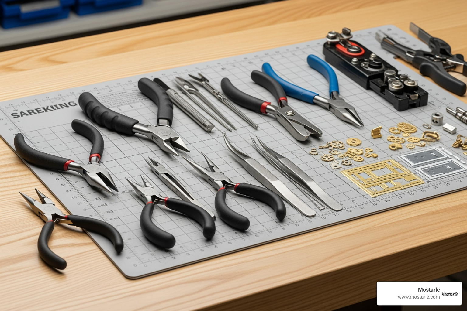 A well-organized toolkit for metal model making, featuring needle-nose pliers, tweezers, wire cutters, bending aids, and a cutting mat on a clean workbench - metal model making A well-organized toolkit for metal model making, featuring needle-nose pliers, tweezers, wire cutters, bending aids, and a cutting mat on a clean workbench - metal model making