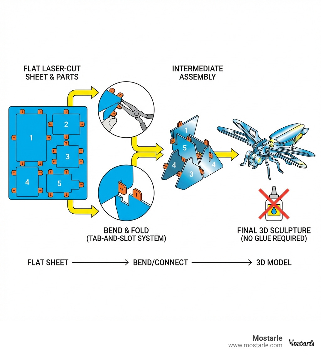 Infographic showing the transformation process: flat laser-cut metal sheet with numbered parts and tabs, arrows indicating bending and folding steps, intermediate assembly stages showing tabs connecting through slots, and final 3D metal sculpture with all parts interlocked without glue - metal model making infographic Infographic showing the transformation process: flat laser-cut metal sheet with numbered parts and tabs, arrows indicating bending and folding steps, intermediate assembly stages showing tabs connecting through slots, and final 3D metal sculpture with all parts interlocked without glue - metal model making infographic