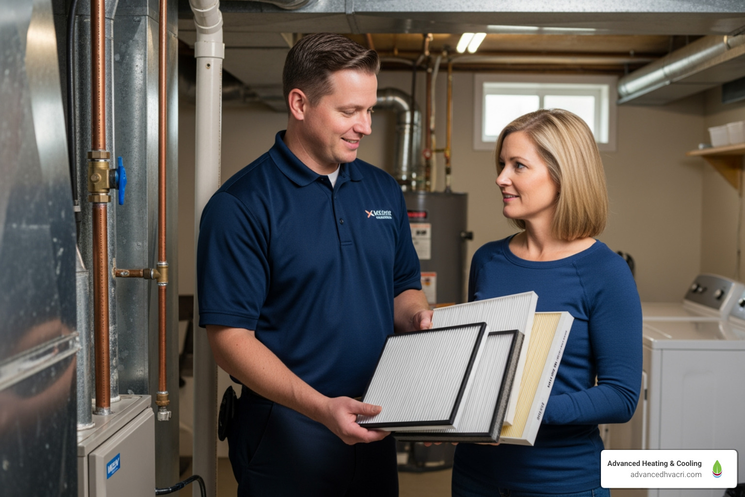 HVAC technician showing a homeowner different furnace filter options - furnace replacement cost estimate HVAC technician showing a homeowner different furnace filter options - furnace replacement cost estimate