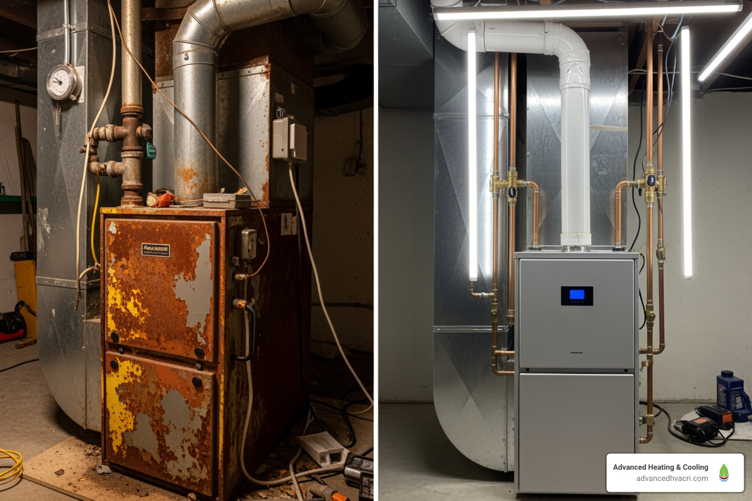 old rusted furnace next to a new modern one - furnace replacement cost estimate old rusted furnace next to a new modern one - furnace replacement cost estimate