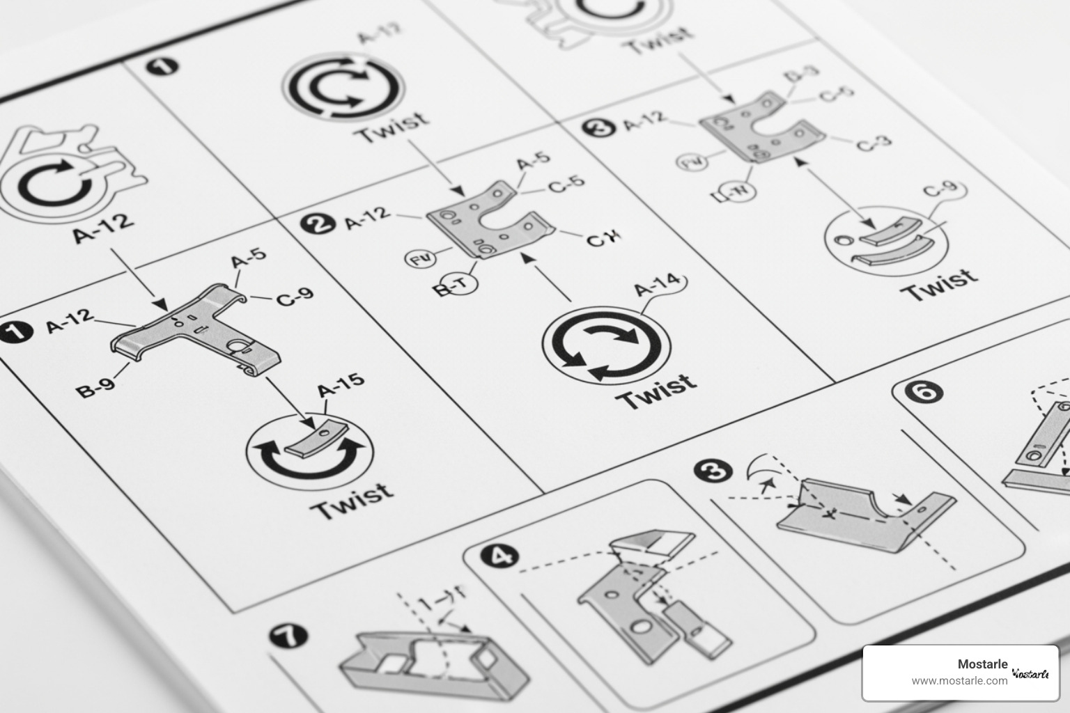 A sample Mostarle instruction sheet with part numbers, color coding for bends, and twist indicators clearly highlighted, alongside 3D diagrams for assembly steps - metal model making A sample Mostarle instruction sheet with part numbers, color coding for bends, and twist indicators clearly highlighted, alongside 3D diagrams for assembly steps - metal model making