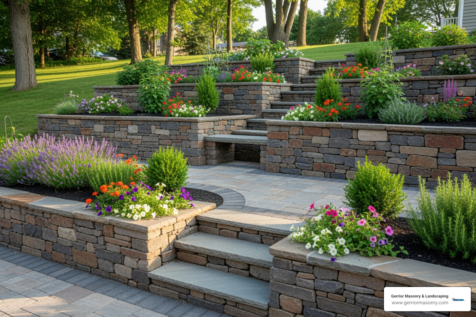A beautifully designed tiered retaining wall made of natural stone, creating multiple usable garden beds on a sloped backyard. - Hardscaping services Newton MA