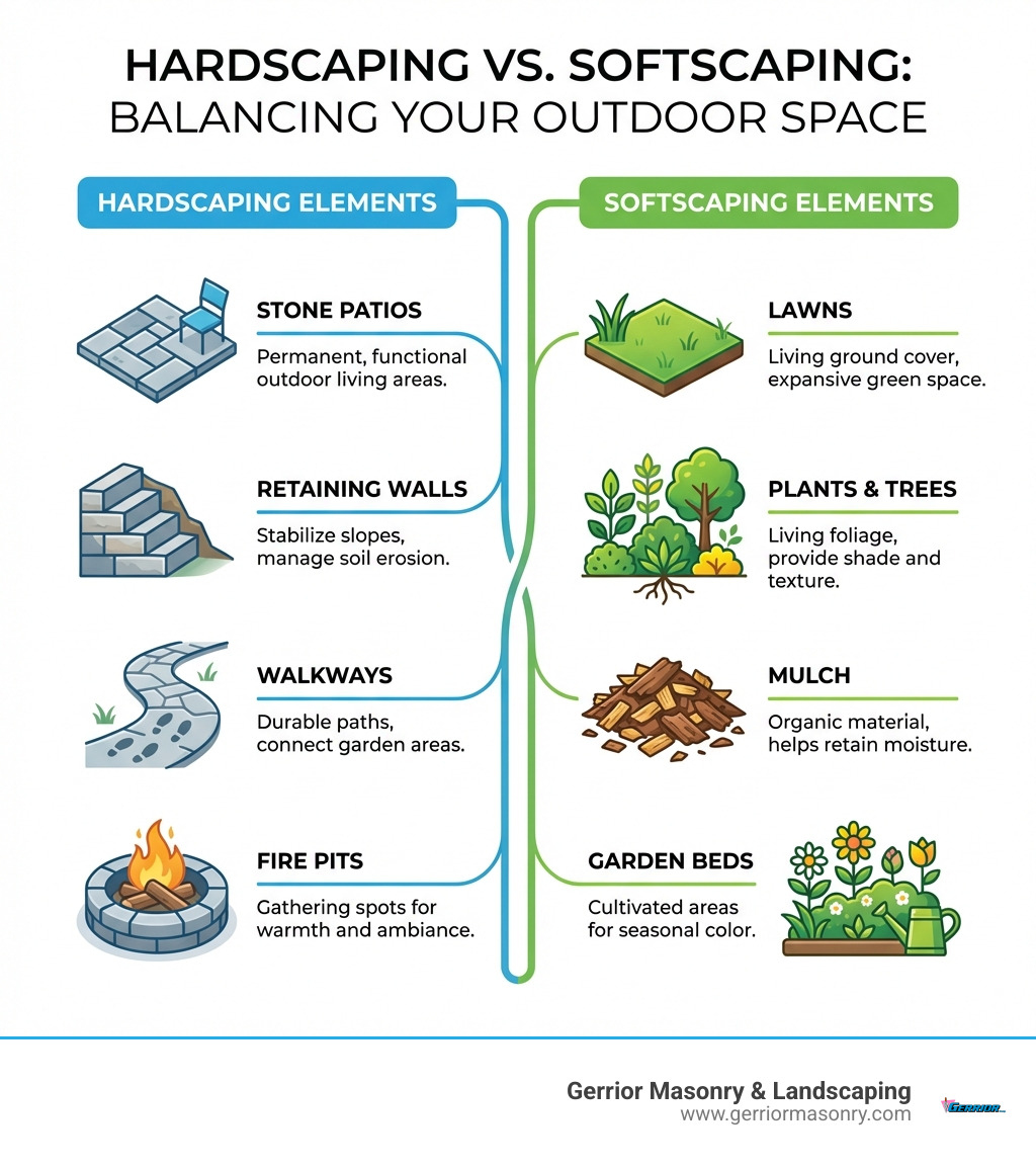 Infographic showing hardscaping elements (stone patios, retaining walls, walkways, fire pits) versus softscaping elements (lawns, plants, trees, mulch) with icons and brief descriptions of each category - Hardscaping services Newton MA infographic 