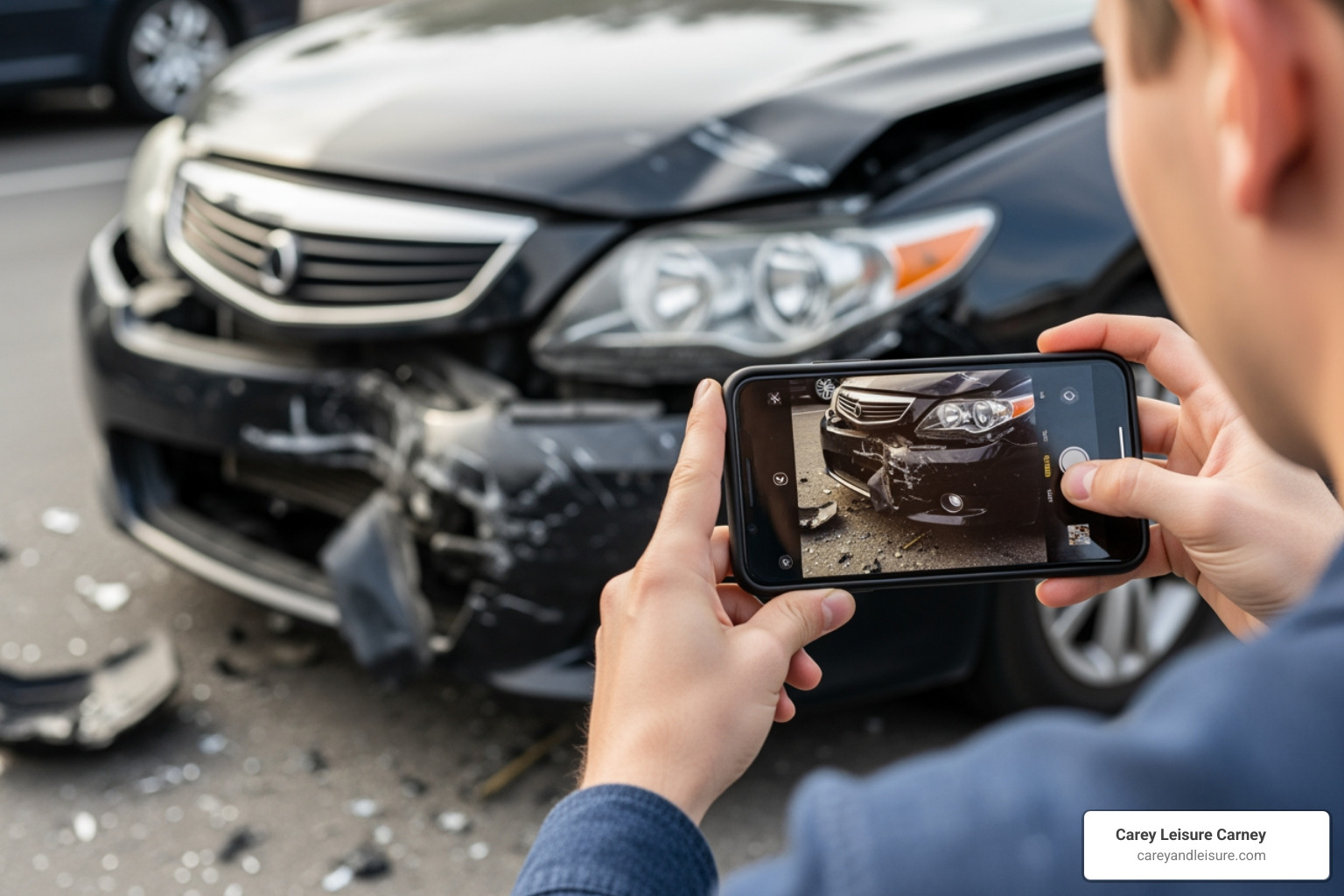Person taking photos of car damage with smartphone - car accident attorney Person taking photos of car damage with smartphone - car accident attorney