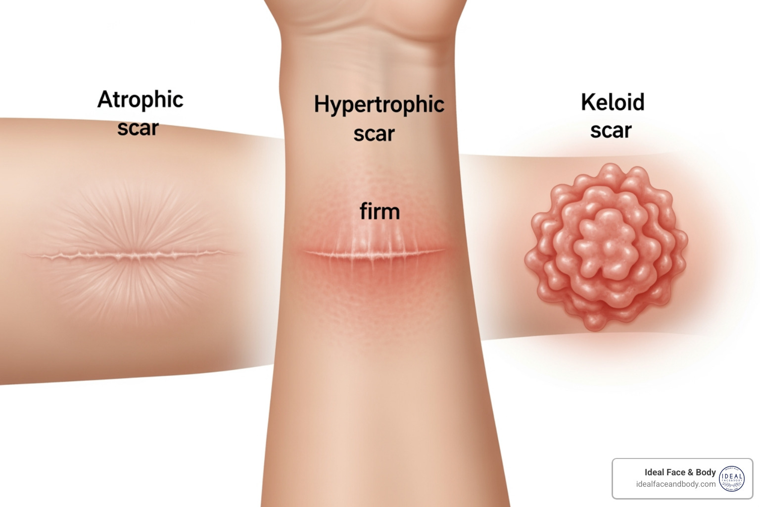 Image illustrating the difference between atrophic, hypertrophic, and keloid scars - reduce old scars Image illustrating the difference between atrophic, hypertrophic, and keloid scars - reduce old scars