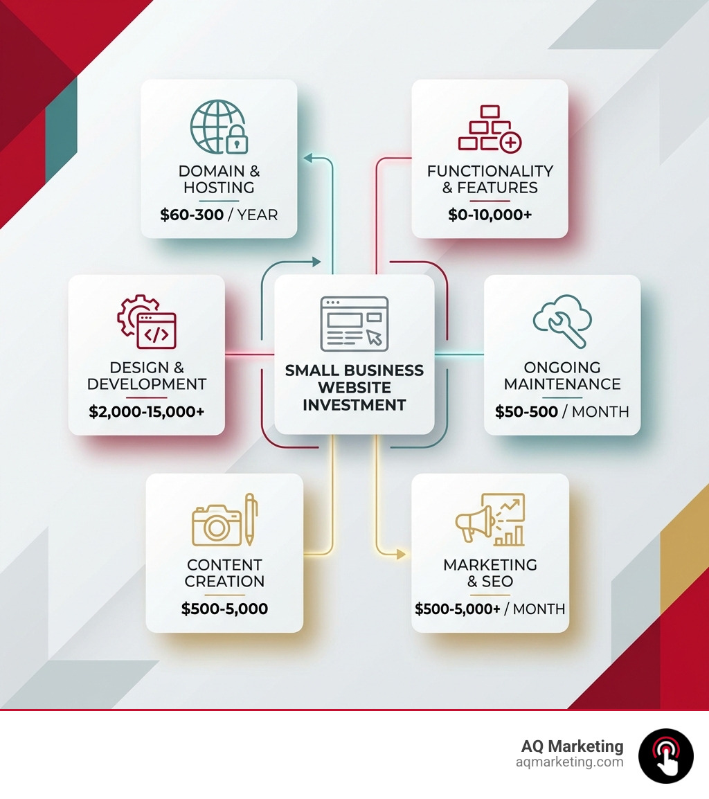 Infographic showing the main cost components of a small business website: domain and hosting ($60-300/year), design and development ($2,000-15,000+), content creation ($500-5,000), functionality and features ($0-10,000+), ongoing maintenance ($50-500/month), and marketing and SEO ($500-5,000+/month) - small business website cost infographic Infographic showing the main cost components of a small business website: domain and hosting ($60-300/year), design and development ($2,000-15,000+), content creation ($500-5,000), functionality and features ($0-10,000+), ongoing maintenance ($50-500/month), and marketing and SEO ($500-5,000+/month) - small business website cost infographic