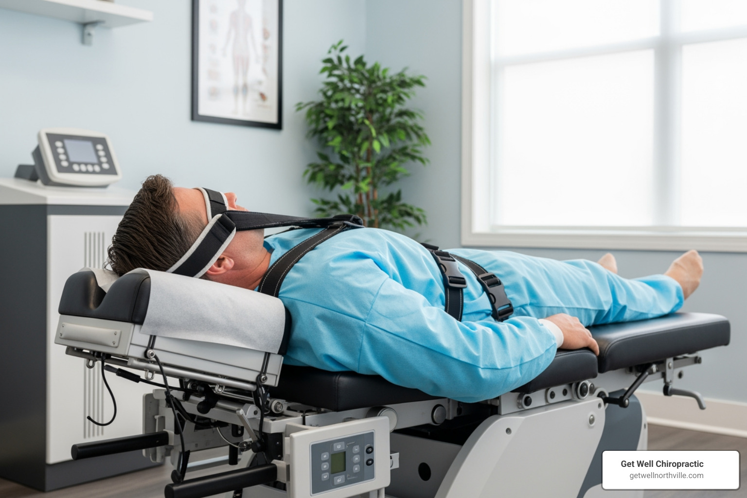 patient comfortably positioned on a chiropractic decompression table - neck decompression