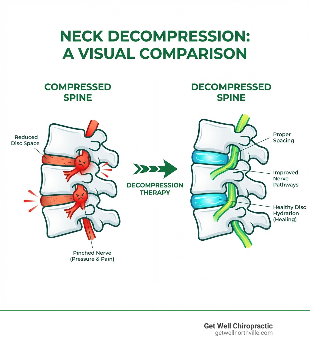 infographic comparing compressed cervical spine showing pinched nerves and reduced disc space versus decompressed cervical spine showing proper spacing between vertebrae, improved nerve pathways, and healthy disc hydration - neck decompression infographic 