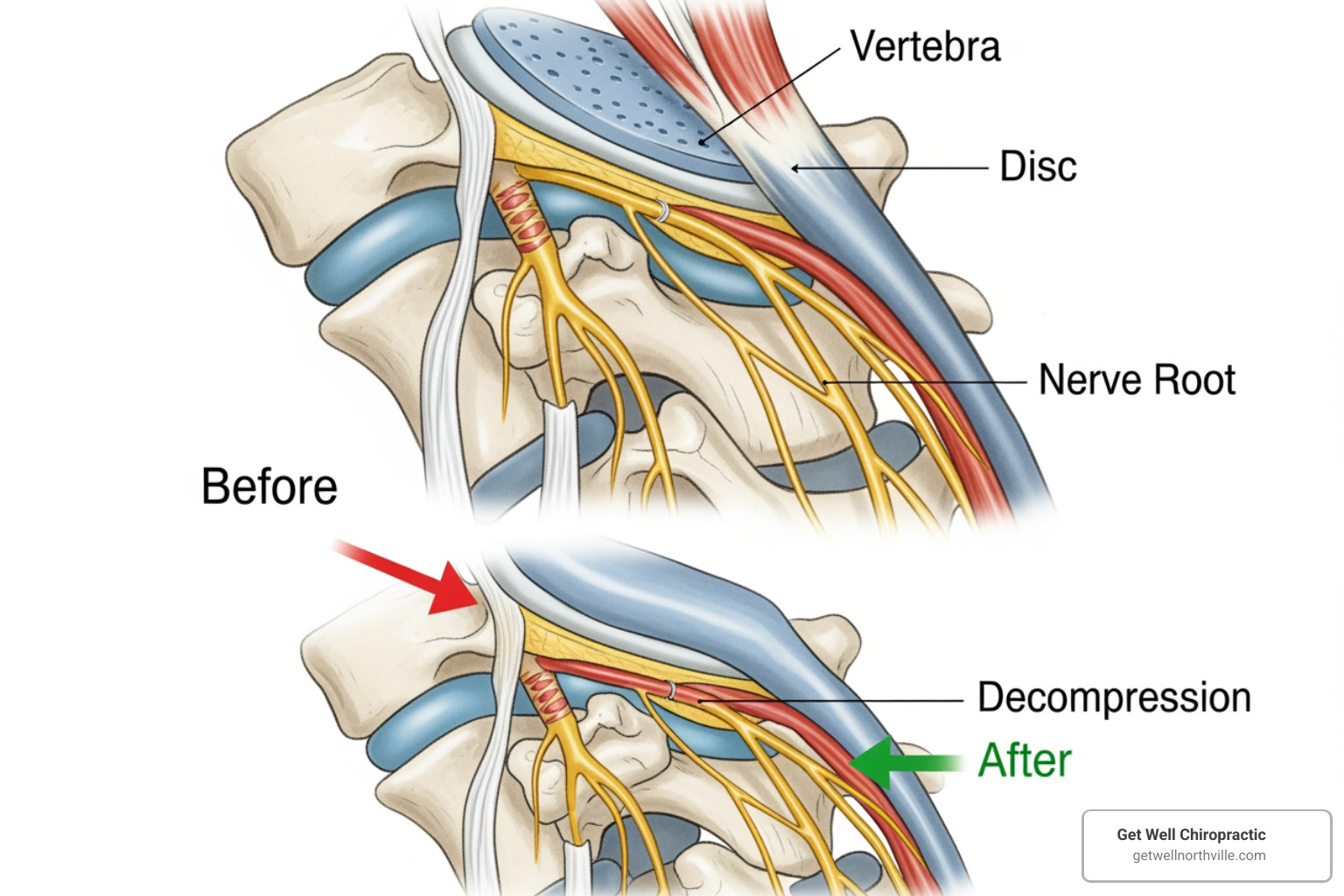diagram showing a pinched nerve being relieved - neck decompression