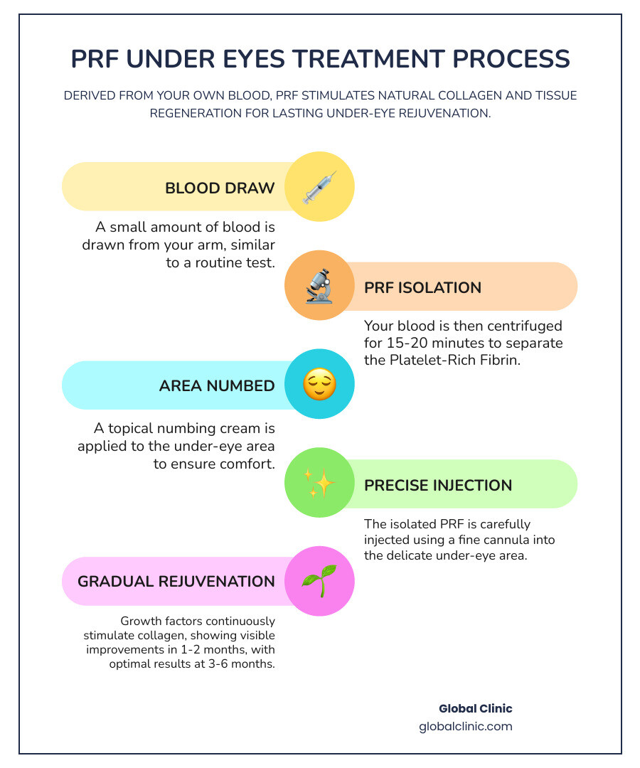 Infographic showing the PRF under eyes treatment process: blood draw from patient's arm, blood placed in centrifuge for 15-20 minutes to separate PRF, numbing cream applied to under-eye area, PRF injected using fine cannula beneath the eyes, growth factors stimulate collagen production over following months, results visible at 1-2 months and continue improving for 3-6 months - prf under eyes infographic infographic-line-5-steps-colors