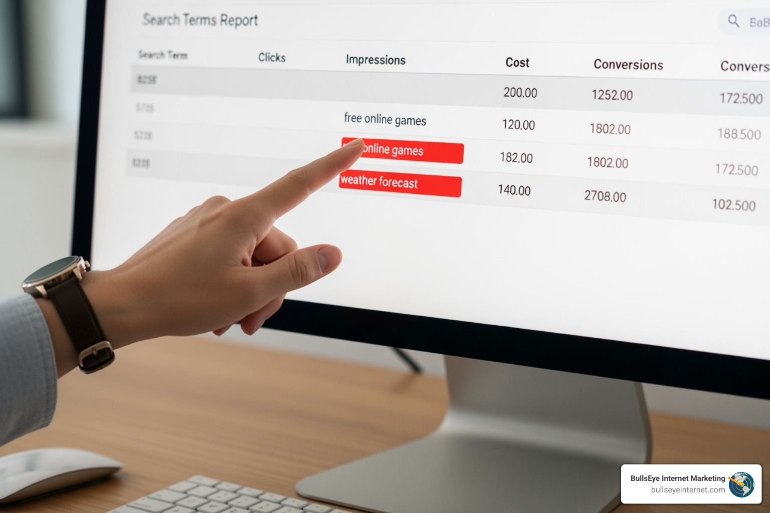 Person pointing at a computer screen displaying a Google Ads Search Terms report, highlighting search terms and their associated metrics like clicks, impressions, cost, and conversions, relevant for optimizing ad spend and improving campaign performance.