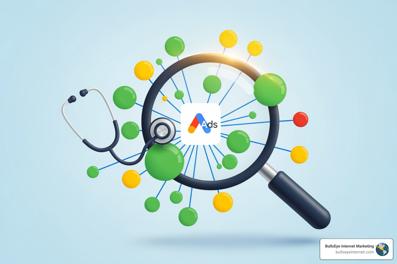 Magnifying glass with stethoscope examining Google Ads logo surrounded by colorful spheres, symbolizing a Google Ads health check for optimizing campaign performance and reducing wasted ad spend.