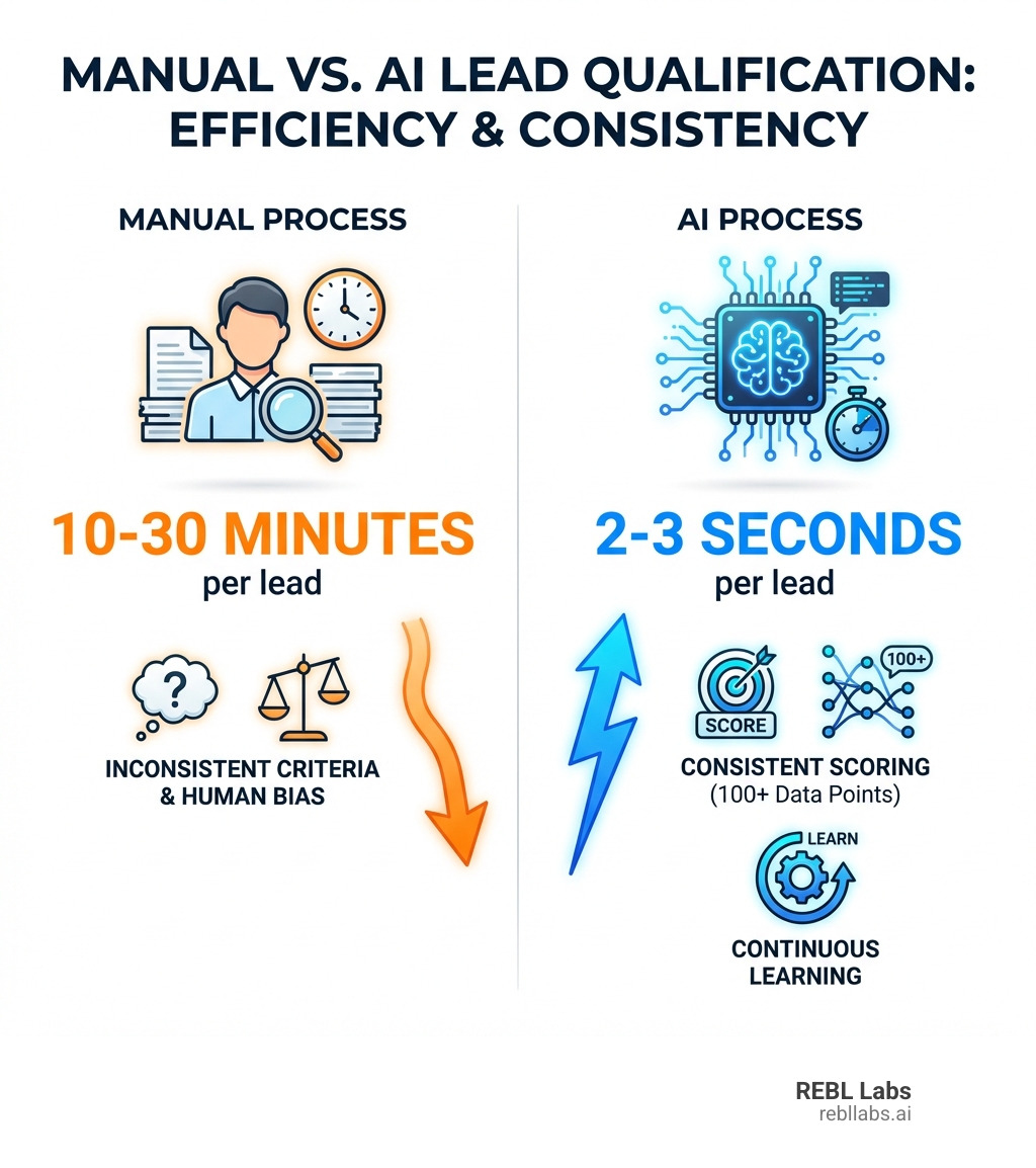 Infographic comparing manual vs AI lead qualification: Manual process shows 10-30 minutes per lead with inconsistent criteria and human bias, while AI shows 2-3 seconds per lead with consistent scoring across 100+ data points and continuous learning - AI-powered lead qualification infographic 