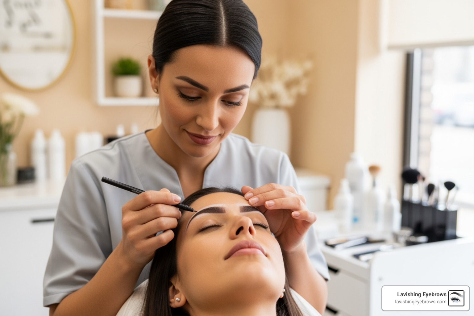 An artist carefully mapping eyebrows on a client with a cosmetic pencil - how long does microblading take