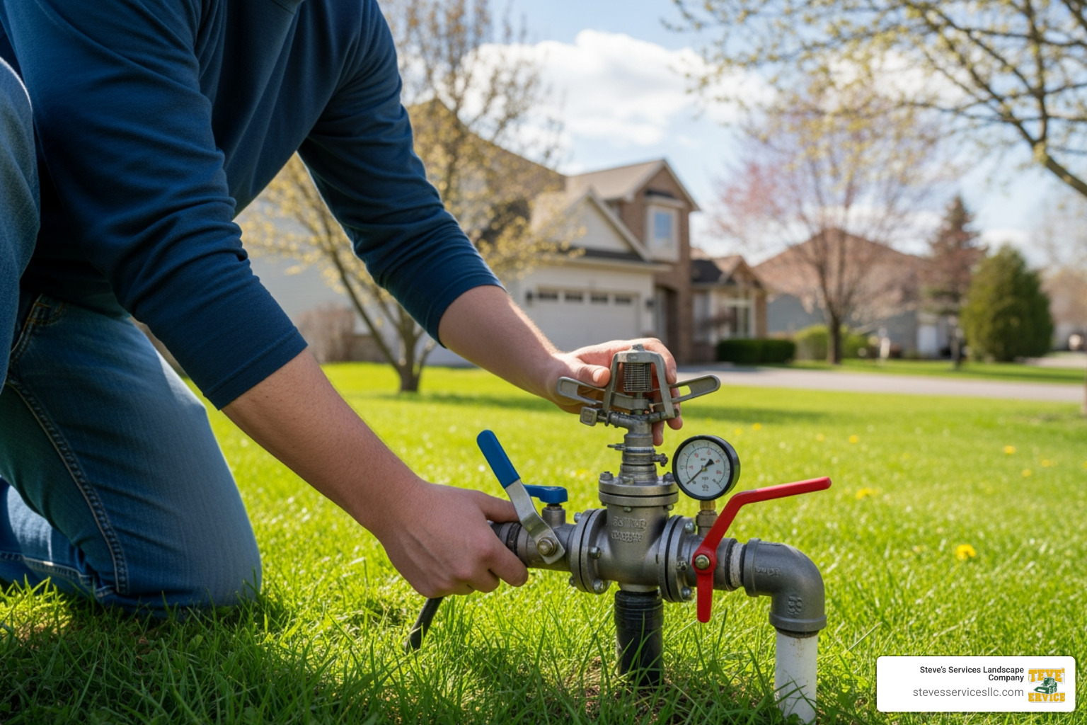 Infographic showing the sprinkler system charging process: Step 1 - Locate main irrigation valve and backflow preventer; Step 2 - Slowly open main valve to prevent water hammer; Step 3 - Test each zone individually for proper operation; Step 4 - Inspect all sprinkler heads for damage or clogs; Step 5 - Have backflow preventer tested by certified technician; Step 6 - Program controller for seasonal watering schedule. Warning symbols highlight risks of DIY activation including pipe damage, water contamination, and costly repairs. - charge sprinkler system