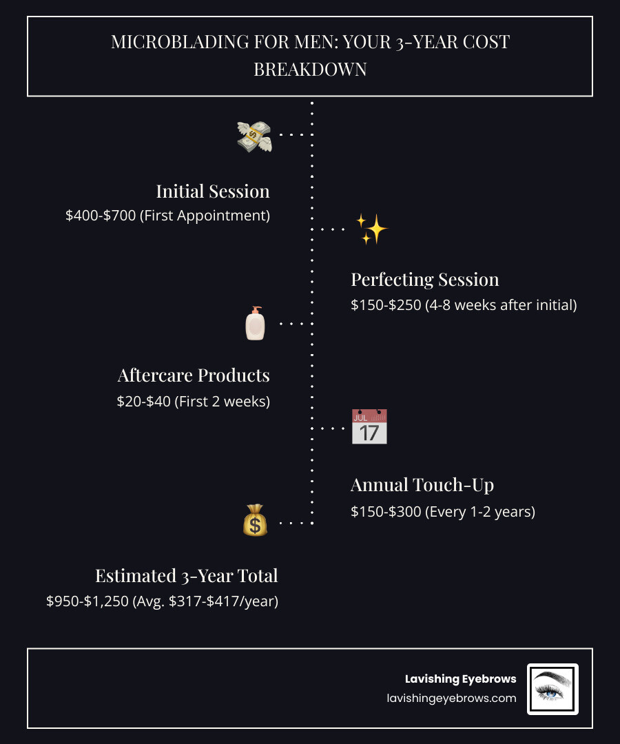 Infographic showing microblading cost breakdown: Initial session $400-700, perfecting session $150-250 at 4-8 weeks, first year touch-up $150-300, aftercare products $20-40, with timeline showing 3-year total averaging $317-417 annually - microblading for men cost infographic infographic-line-5-steps-dark