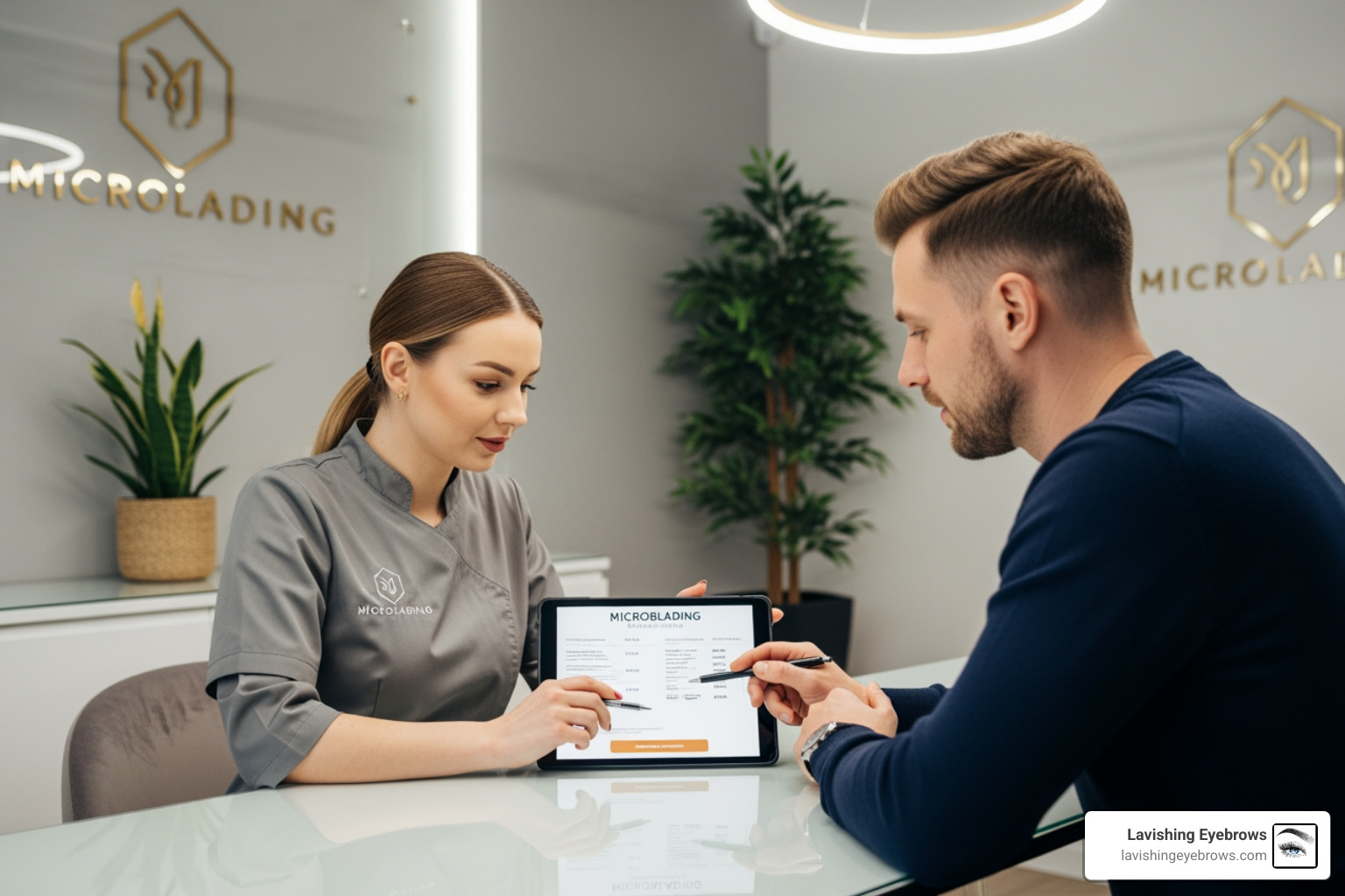 consultation with male client discussing pricing - microblading for men cost