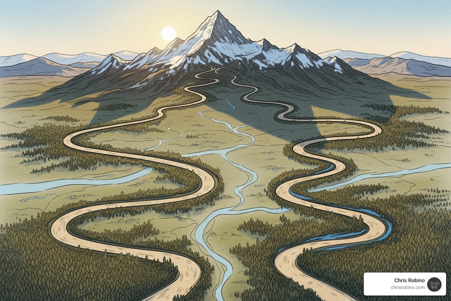 Map with four distinct routes leading to a mountain peak - business model innovation