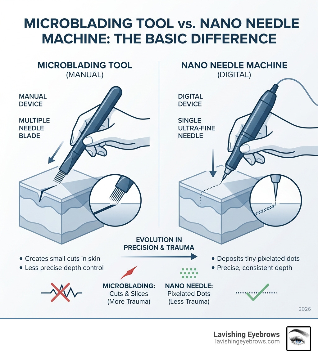Infographic showing the basic difference between a microblading tool and a nano needle machine - hyperrealism nano brows infographic 