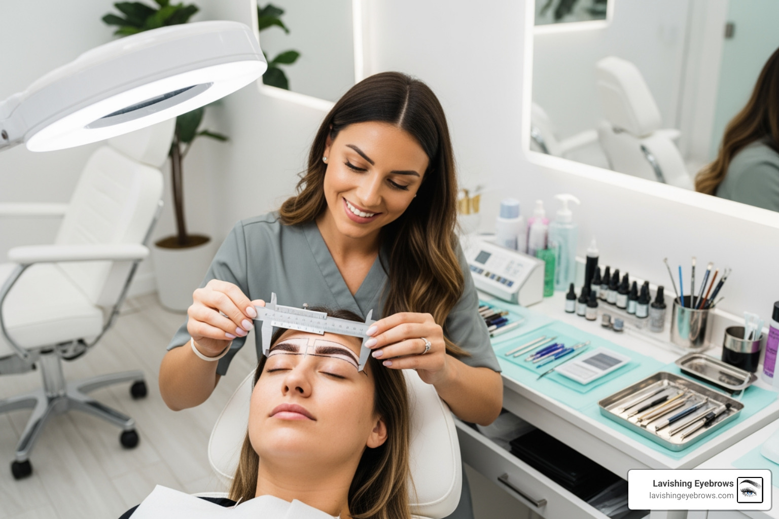friendly consultation with an artist measuring a client's brows - Murrieta microblading friendly consultation with an artist measuring a client's brows - Murrieta microblading