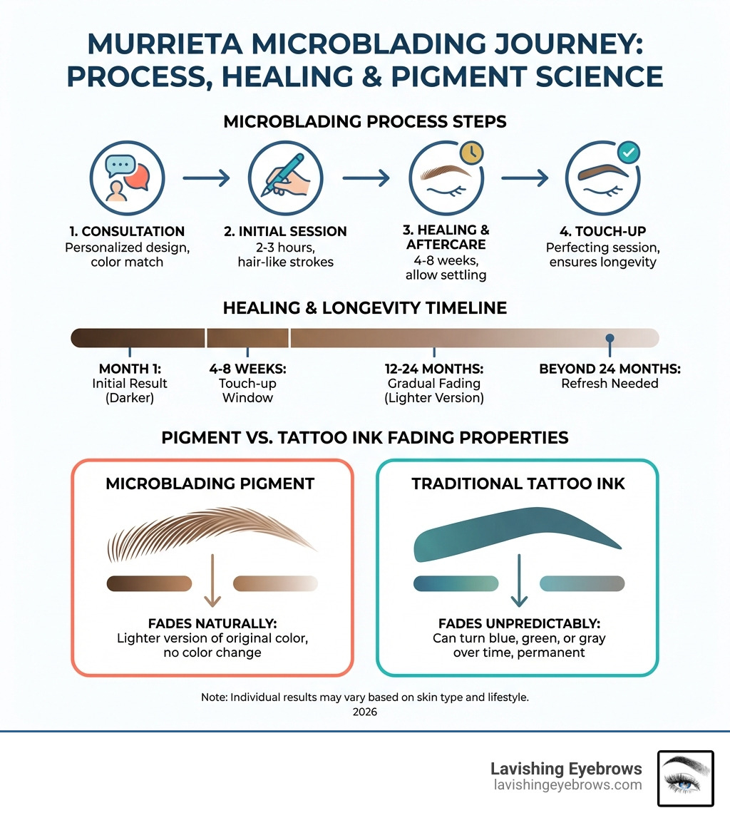 infographic showing microblading process steps from consultation through touch-up, healing timeline of 12-24 months, and comparison of pigment versus tattoo ink fading properties - Murrieta microblading infographic infographic showing microblading process steps from consultation through touch-up, healing timeline of 12-24 months, and comparison of pigment versus tattoo ink fading properties - Murrieta microblading infographic