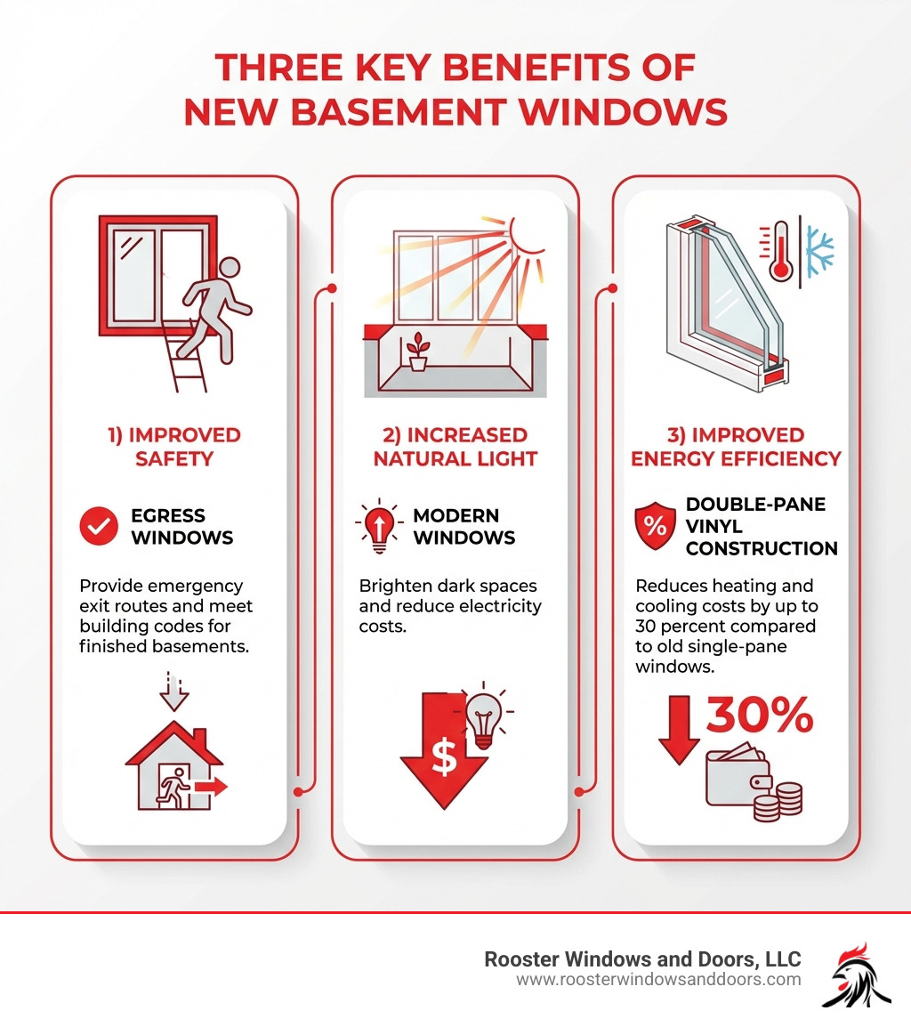 Infographic showing three main benefits of new basement windows: 1) Improved Safety - Egress windows provide emergency exit routes and meet building codes for finished basements, 2) Increased Natural Light - Modern windows brighten dark spaces and reduce electricity costs, 3) Improved Energy Efficiency - Double-pane vinyl construction reduces heating and cooling costs by up to 30 percent compared to old single-pane windows - Park Ridge basement windows infographic 
