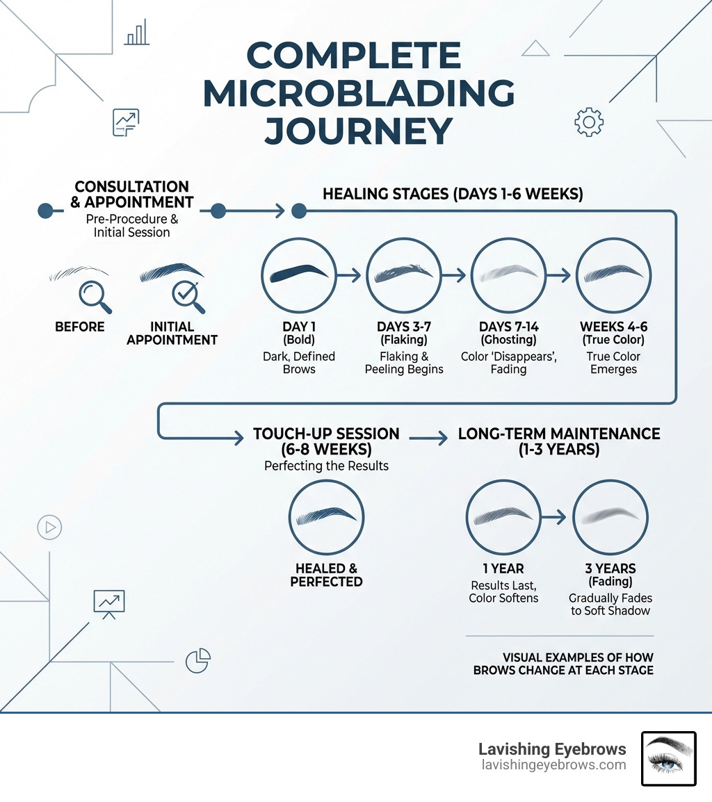 Complete microblading journey infographic showing timeline from consultation through initial appointment, healing stages by day, touch-up session at 6-8 weeks, and long-term maintenance over 1-3 years, with visual examples of how brows change at each stage - microblading before and after infographic 
