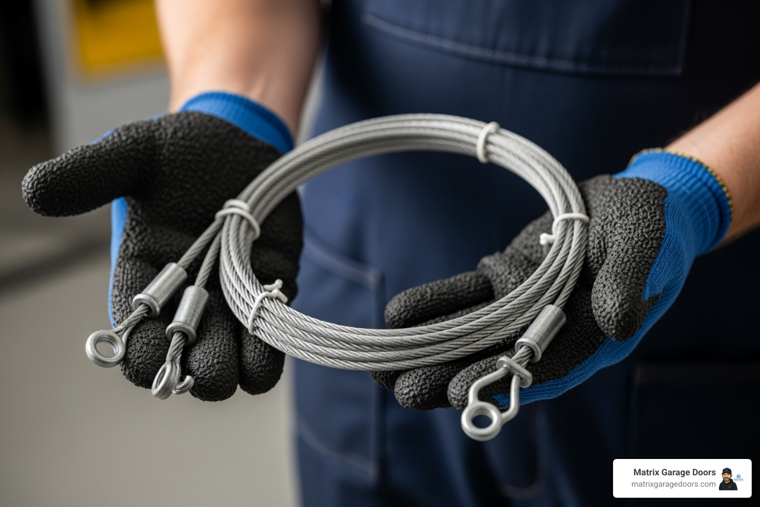 a technician's hands holding a new pair of garage door cables - garage door broken cable cost a technician's hands holding a new pair of garage door cables - garage door broken cable cost