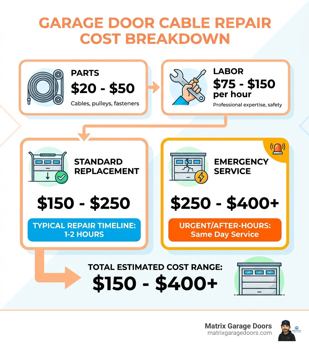 Infographic showing garage door cable repair cost breakdown: parts ($20-$50), labor ($75-$150 per hour), standard replacement ($150-$250), emergency service ($250-$400+), with icons for each component and callouts for typical repair timeline of 1-2 hours - garage door broken cable cost infographic Infographic showing garage door cable repair cost breakdown: parts ($20-$50), labor ($75-$150 per hour), standard replacement ($150-$250), emergency service ($250-$400+), with icons for each component and callouts for typical repair timeline of 1-2 hours - garage door broken cable cost infographic
