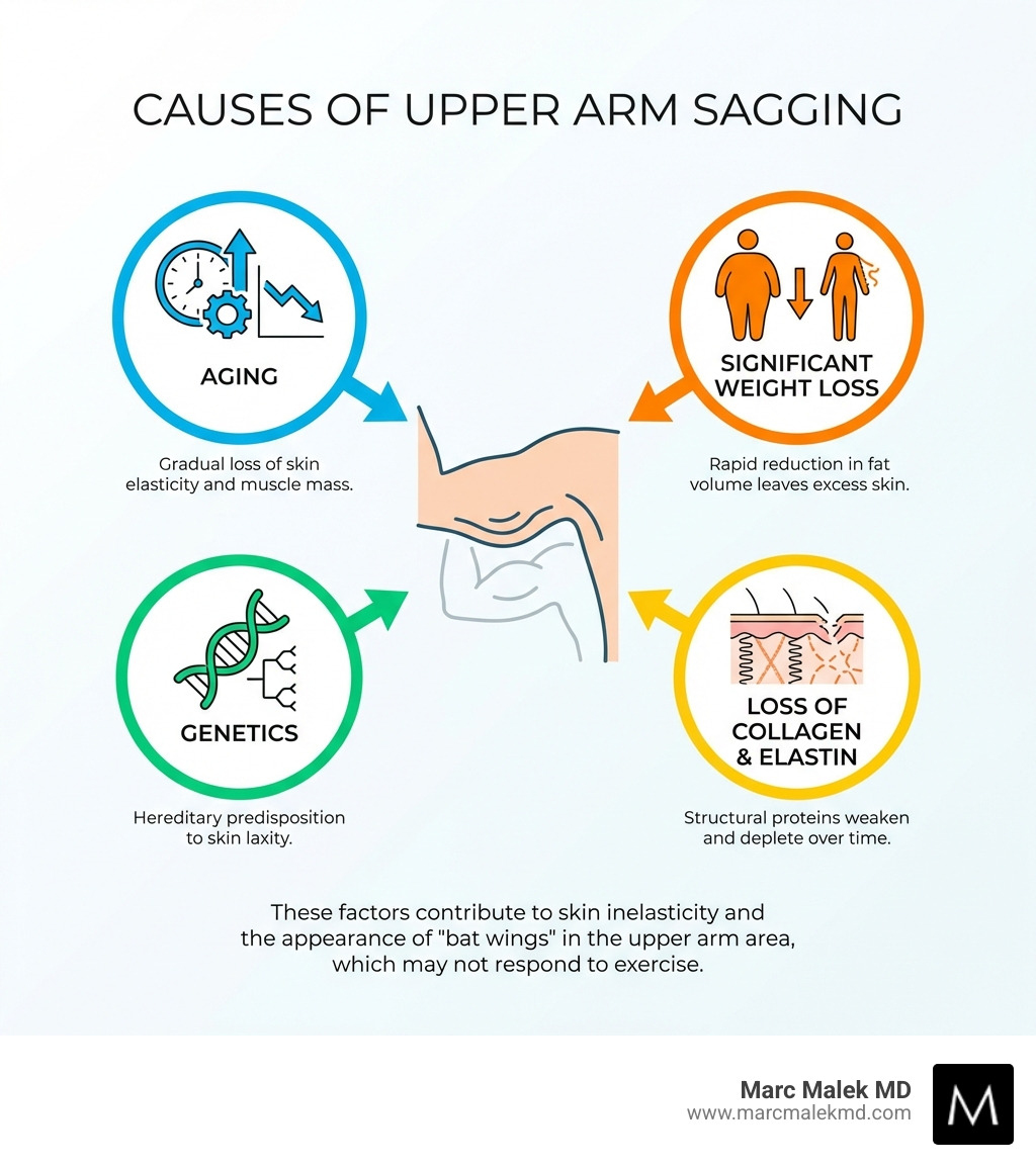 infographic showing causes of upper arm sagging including aging, weight loss, genetics, and loss of collagen and elastin in skin over time - arm reduction treatment infographic infographic showing causes of upper arm sagging including aging, weight loss, genetics, and loss of collagen and elastin in skin over time - arm reduction treatment infographic