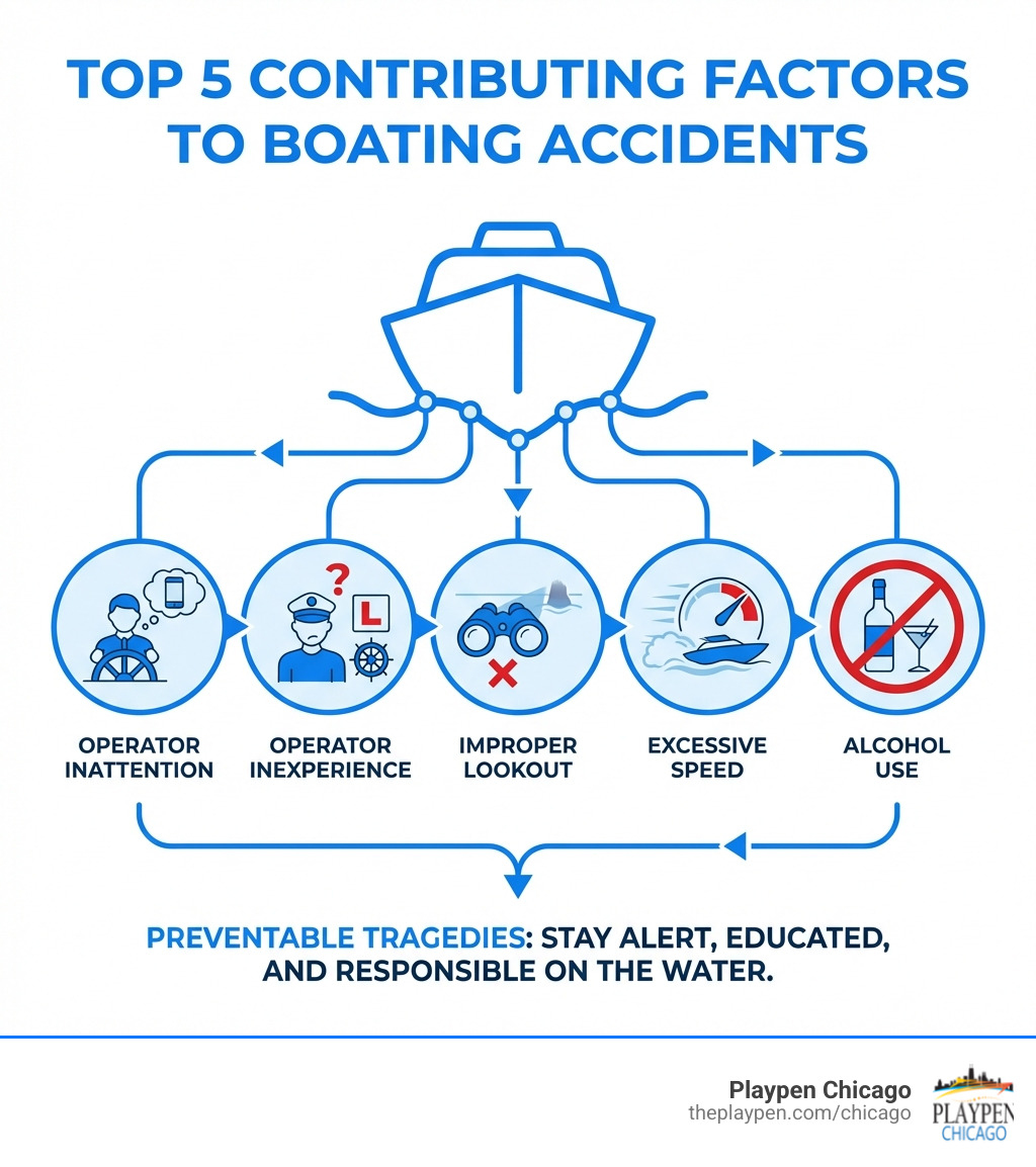 infographic showing the top 5 contributing factors to boating accidents: operator inattention, operator inexperience, improper lookout, excessive speed, and alcohol use - Boat Safety infographic infographic showing the top 5 contributing factors to boating accidents: operator inattention, operator inexperience, improper lookout, excessive speed, and alcohol use - Boat Safety infographic