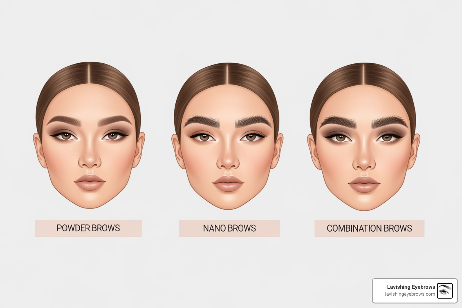 Visual comparison of powder, nano, and combination permanent eyebrow techniques on different facial illustrations, highlighting the distinct effects of each style. - permanent eyebrows near me
