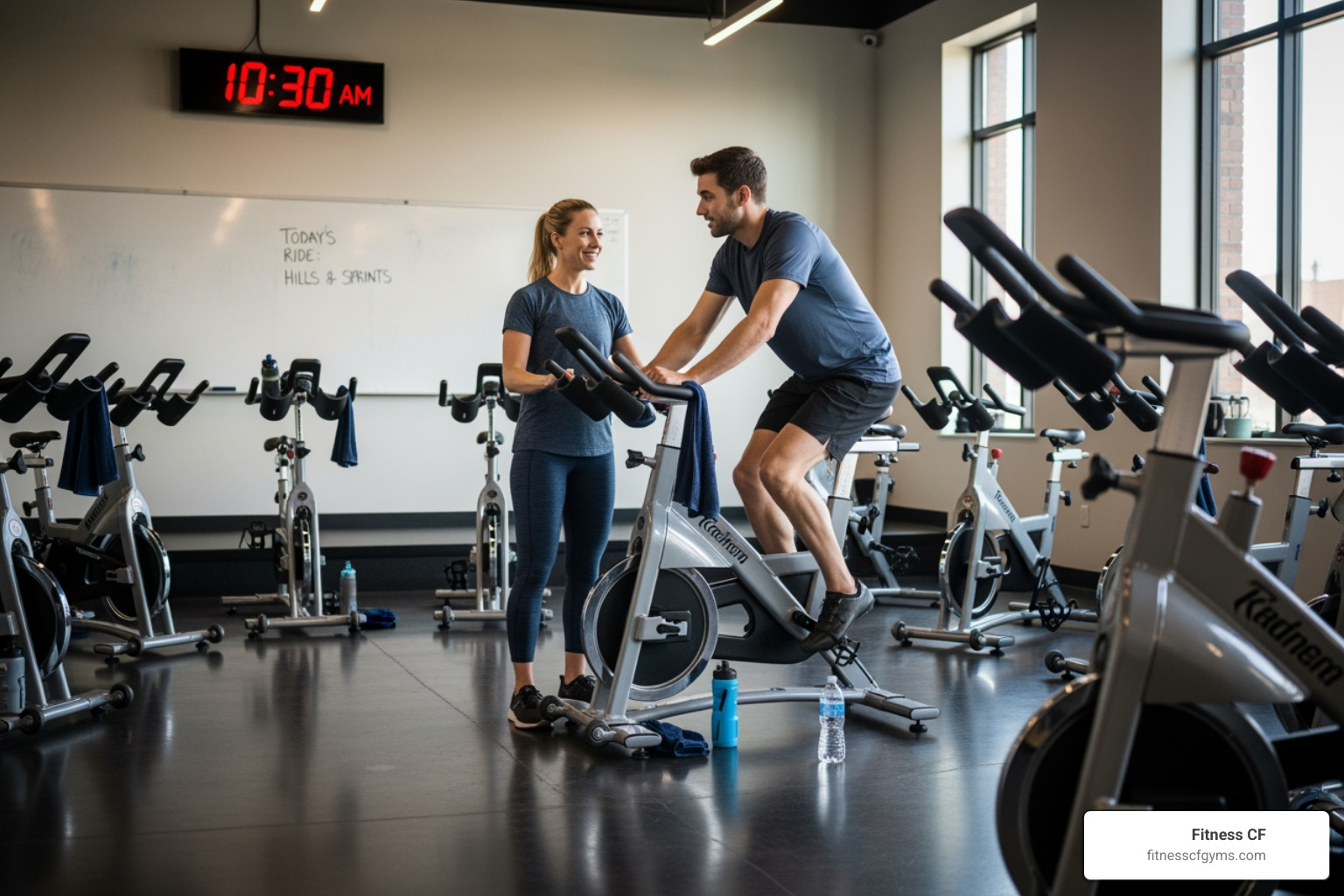 A friendly instructor helping a new rider adjust their spin bike - spin class orlando