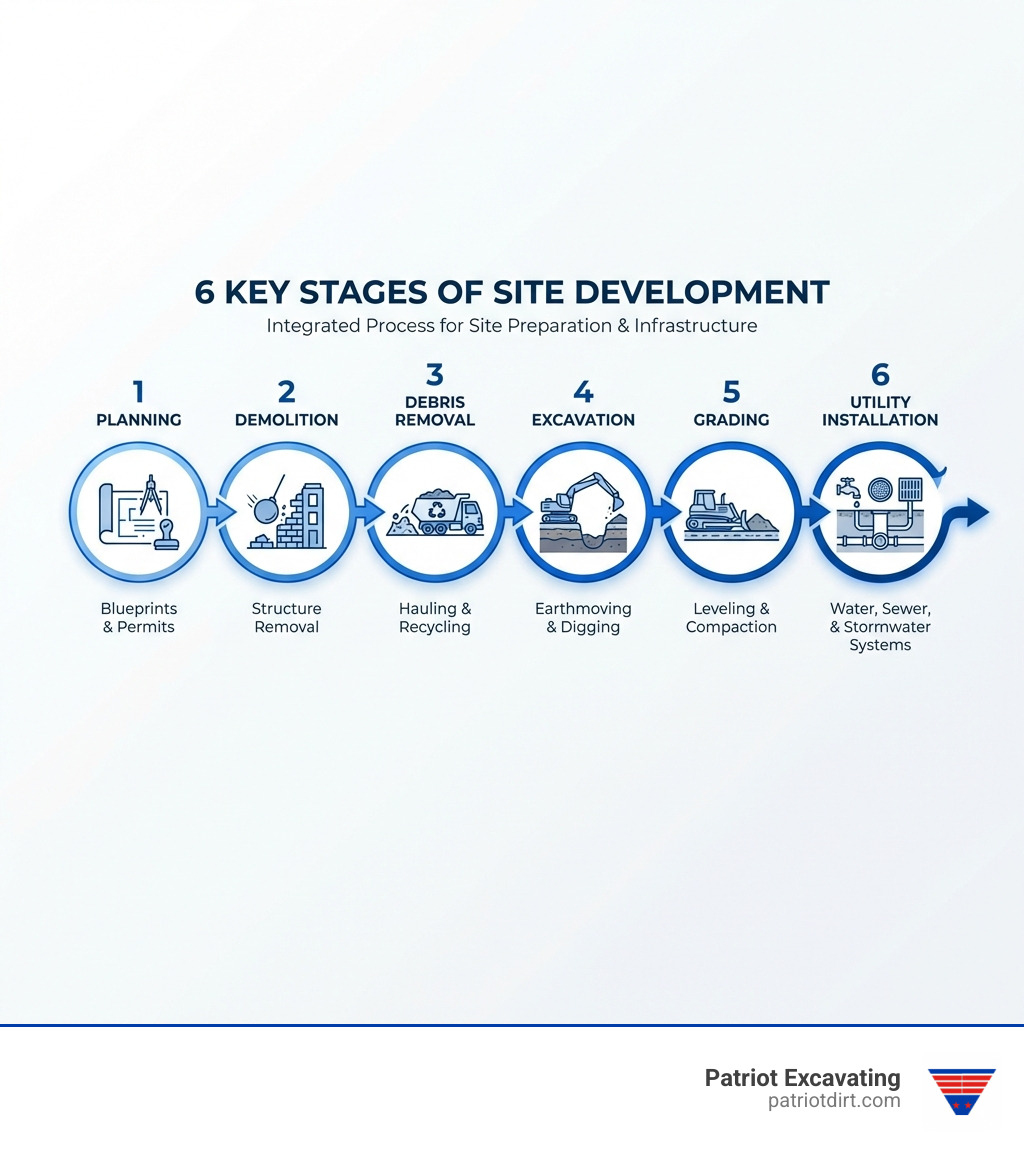 Infographic showing the 6 key stages of site development: Stage 1 Planning (blueprints and permits), Stage 2 Demolition (structure removal), Stage 3 Debris Removal (hauling and recycling), Stage 4 Excavation (earthmoving and digging), Stage 5 Grading (leveling and compaction), Stage 6 Utility Installation (water, sewer, and stormwater systems) - all demolition excavating company infographic 