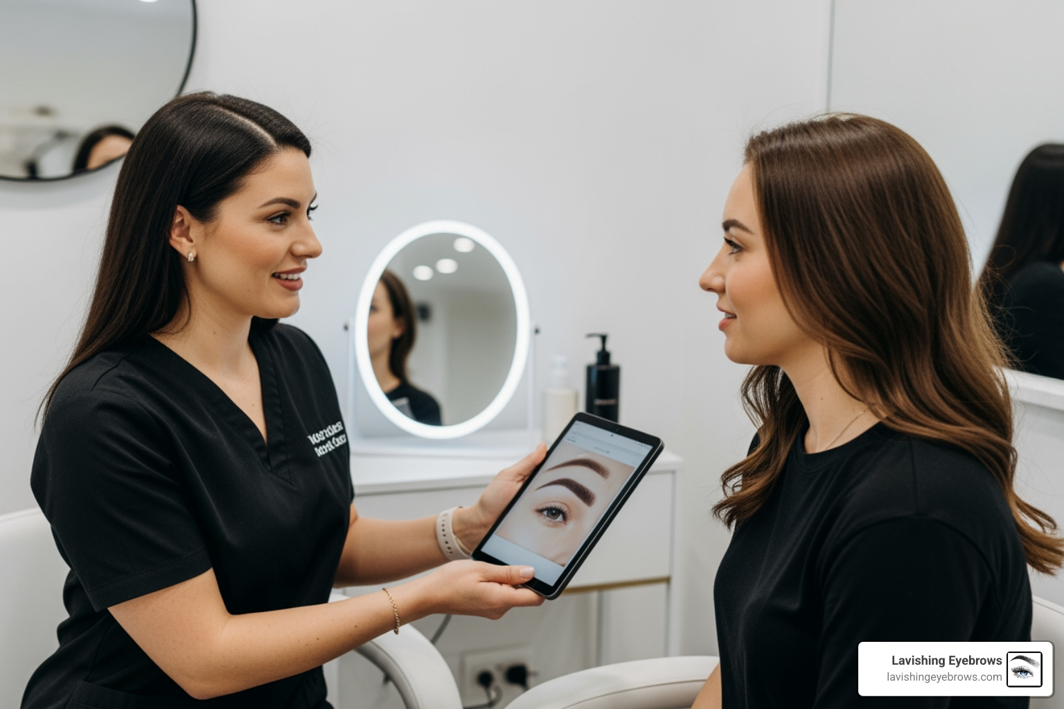 artist consulting with a client before a touch-up - microblading touch up