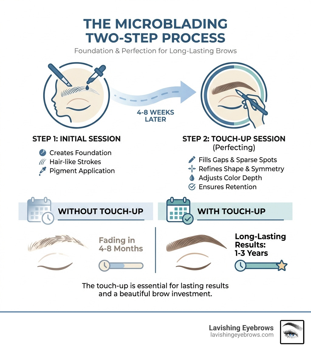 Infographic showing the microblading two-step process: Initial session creates the foundation with hair-like strokes and pigment application, followed by a touch-up session 4-8 weeks later that fills gaps, refines shape, adjusts color depth, and ensures long-lasting results of 1-3 years versus 4-8 months without touch-up - microblading touch up infographic 