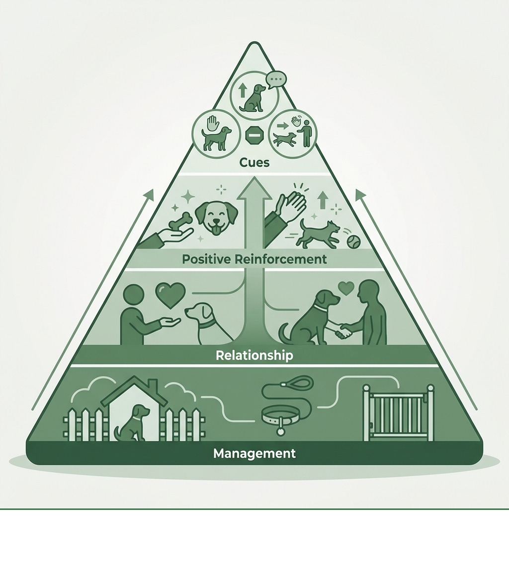 Infographic showing the Training Pyramid with four levels from bottom to top: Management (creating a safe environment and preventing unwanted behaviors), Relationship (building trust and understanding between you and your dog), Positive Reinforcement (rewarding desired behaviors with treats, praise, and play), and Cues (teaching specific commands like sit, stay, and come). Each level builds on the one below it, showing that a strong foundation is needed before moving to advanced skills. - Expert dog training infographic Infographic showing the Training Pyramid with four levels from bottom to top: Management (creating a safe environment and preventing unwanted behaviors), Relationship (building trust and understanding between you and your dog), Positive Reinforcement (rewarding desired behaviors with treats, praise, and play), and Cues (teaching specific commands like sit, stay, and come). Each level builds on the one below it, showing that a strong foundation is needed before moving to advanced skills. - Expert dog training infographic