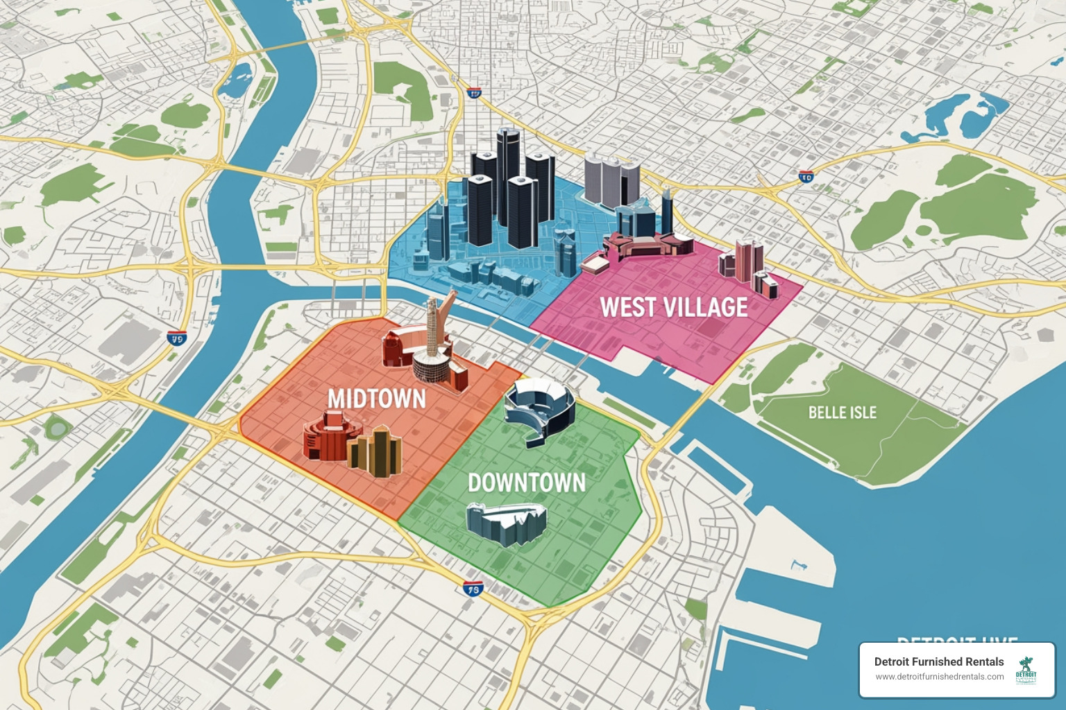map of Detroit highlighting key student neighborhoods like Midtown, Downtown, and West Village - Student housing Detroit