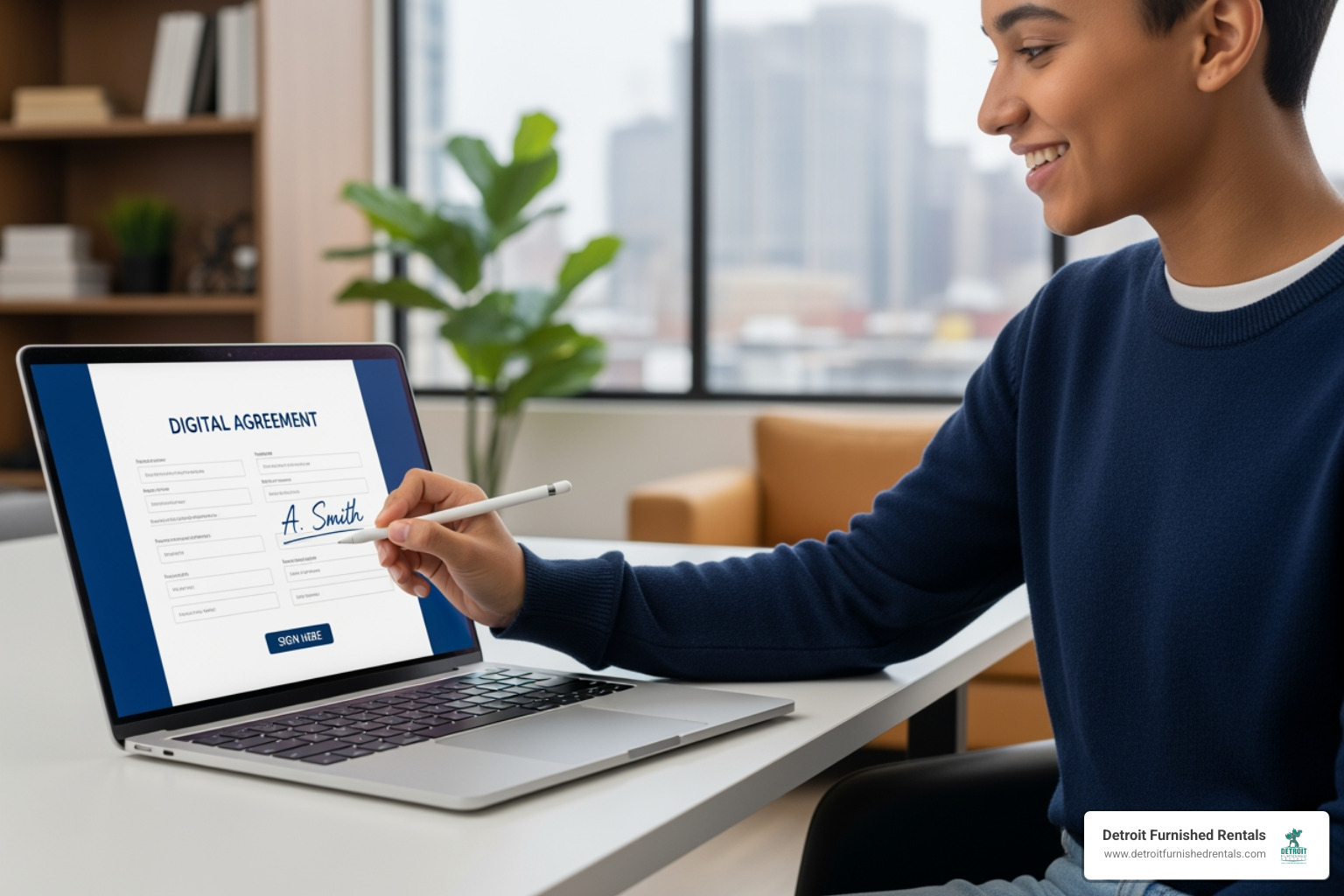 Student smiling while signing a lease document online - Student housing Detroit