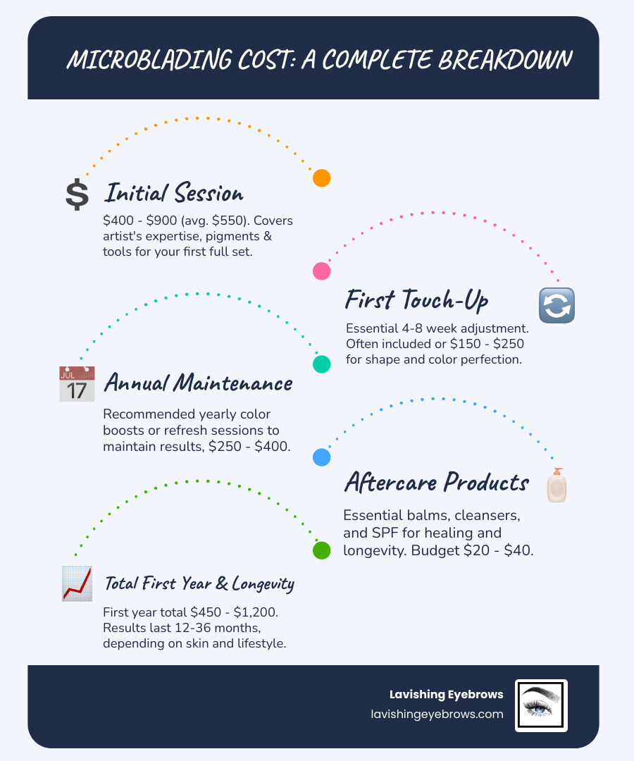 Infographic showing the breakdown of microblading costs: Initial session $400-900, touch-up after 4-8 weeks $150-250 or included, annual maintenance $250-400, aftercare products $20-40, with a timeline showing longevity of 12-36 months and factors affecting price including artist experience, location, pigment quality, and safety standards - microblading brow cost infographic infographic-line-5-steps-blues-accent_colors