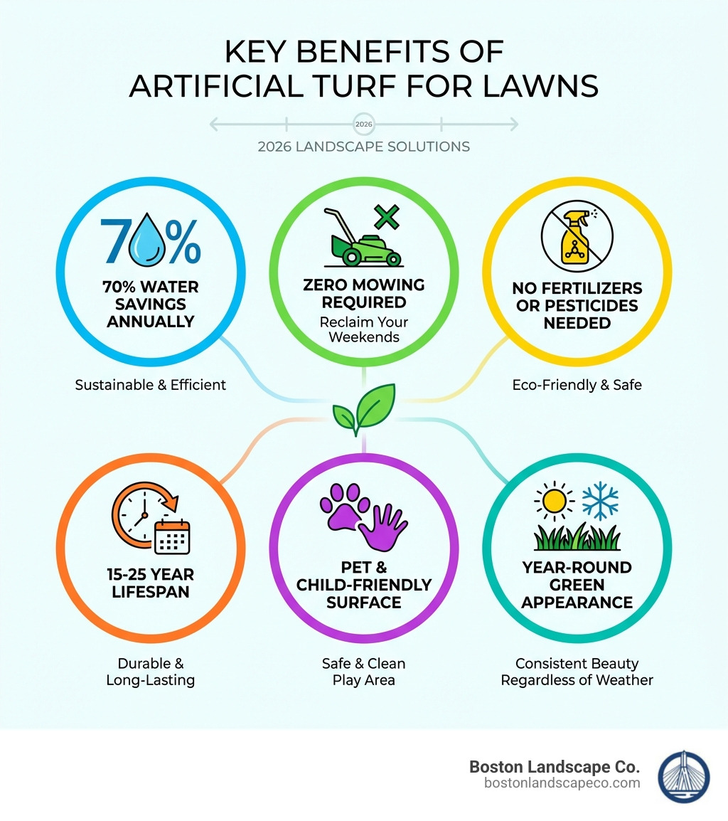 Infographic showing the key benefits of artificial turf including 70% water savings annually, zero mowing required, no fertilizers or pesticides needed, 15-25 year lifespan, pet and child-friendly surface, and year-round green appearance regardless of weather conditions - astro turf for lawns infographic 