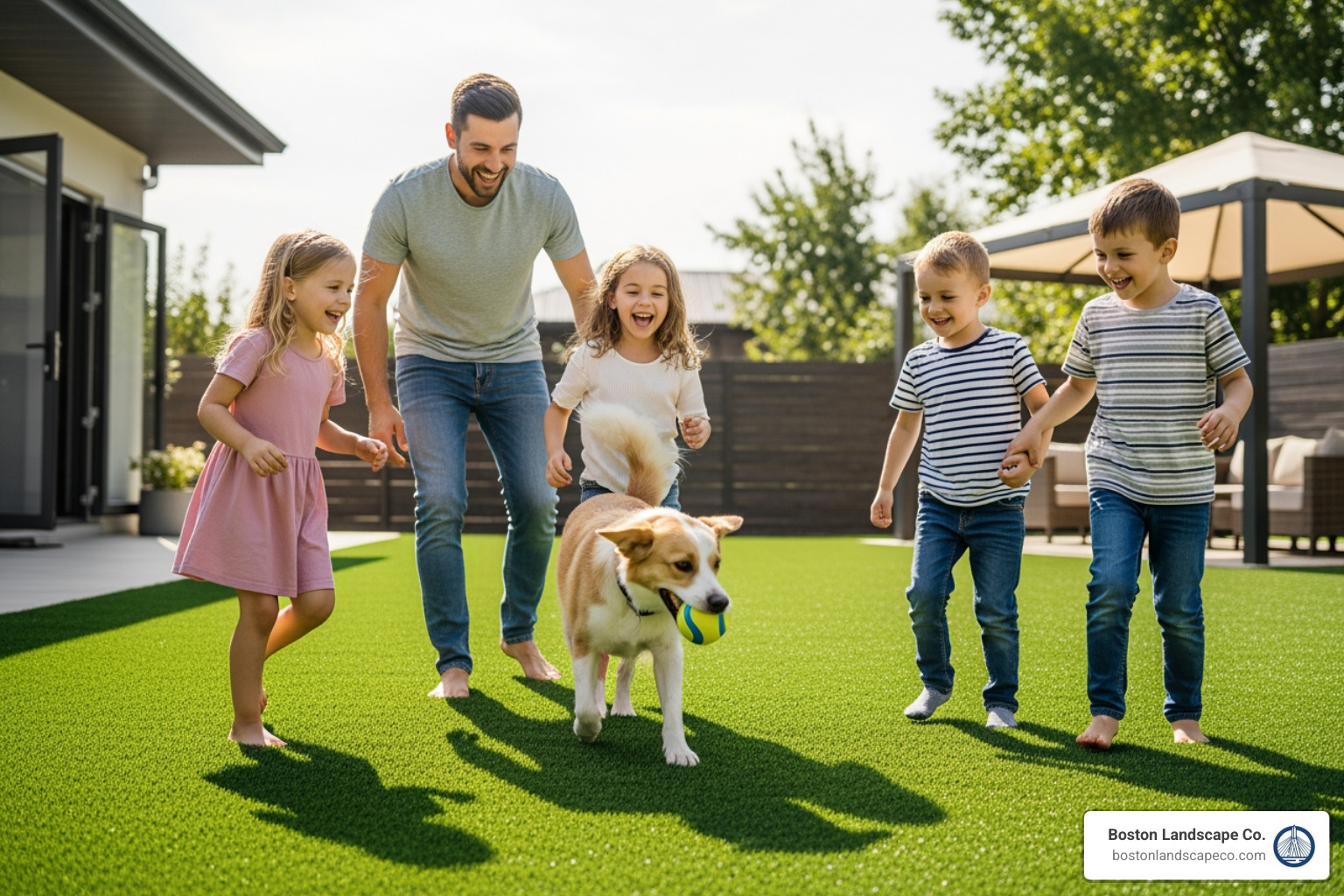 A family with children and a dog happily playing on a pristine artificial turf lawn - astro turf for lawns