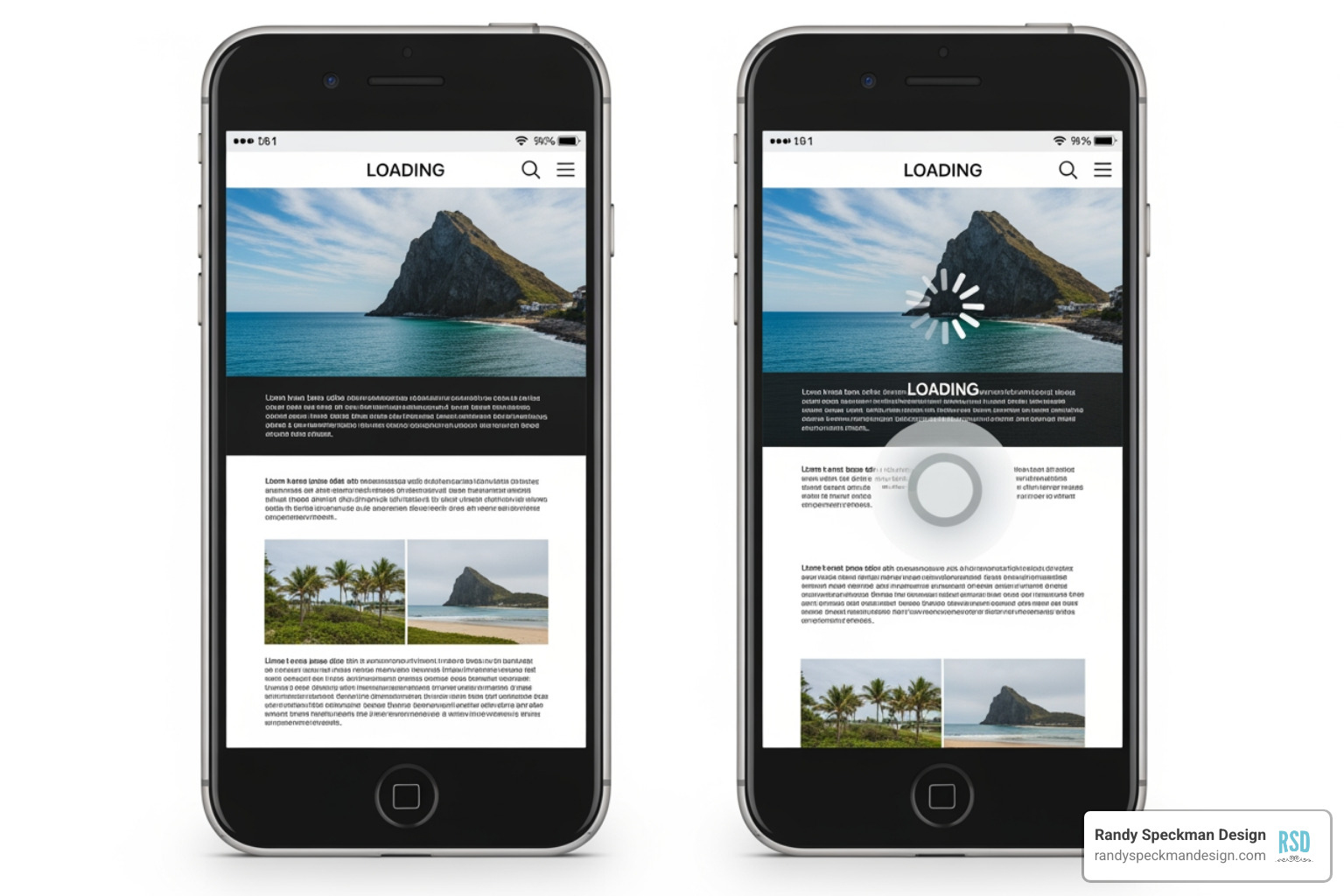 A website loading quickly on a mobile phone next to one loading slowly - website engagement strategies