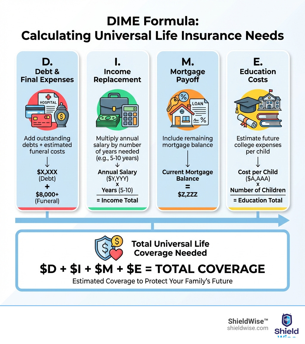 infographic showing how to calculate universal life insurance needs using the DIME formula with four columns for Debt and final expenses, Income replacement years times salary, Mortgage payoff amount, and Education costs for children, with a sum total at the bottom representing total coverage needed - how much universal life insurance do families need infographic infographic showing how to calculate universal life insurance needs using the DIME formula with four columns for Debt and final expenses, Income replacement years times salary, Mortgage payoff amount, and Education costs for children, with a sum total at the bottom representing total coverage needed - how much universal life insurance do families need infographic