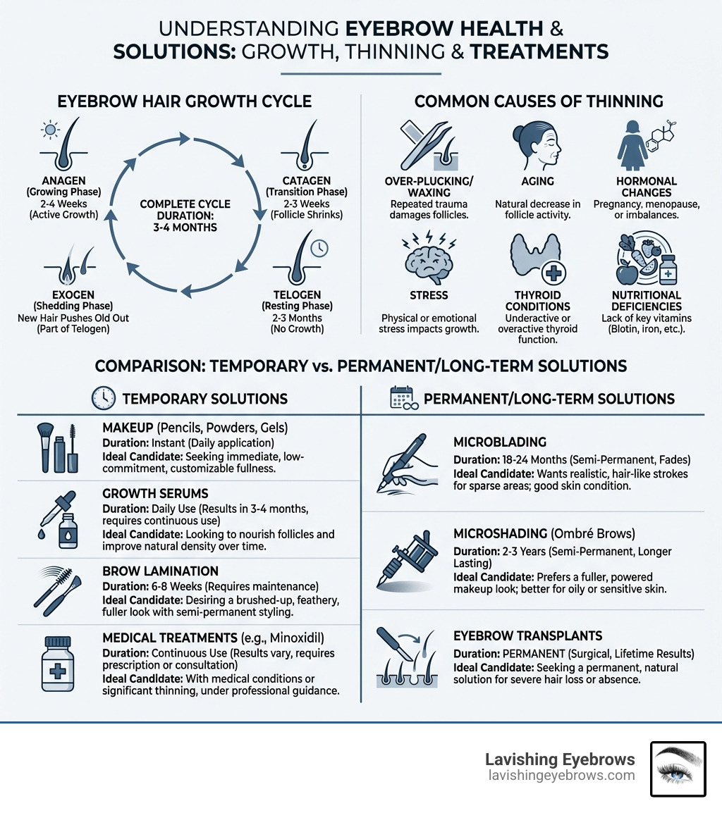 Infographic showing the eyebrow hair growth cycle (3-4 months), common causes of thinning including over-plucking, aging, hormonal changes, stress, thyroid conditions, nutritional deficiencies, and comparison of temporary vs permanent solutions with their durations and ideal candidates - Thinning eyebrow solutions infographic 