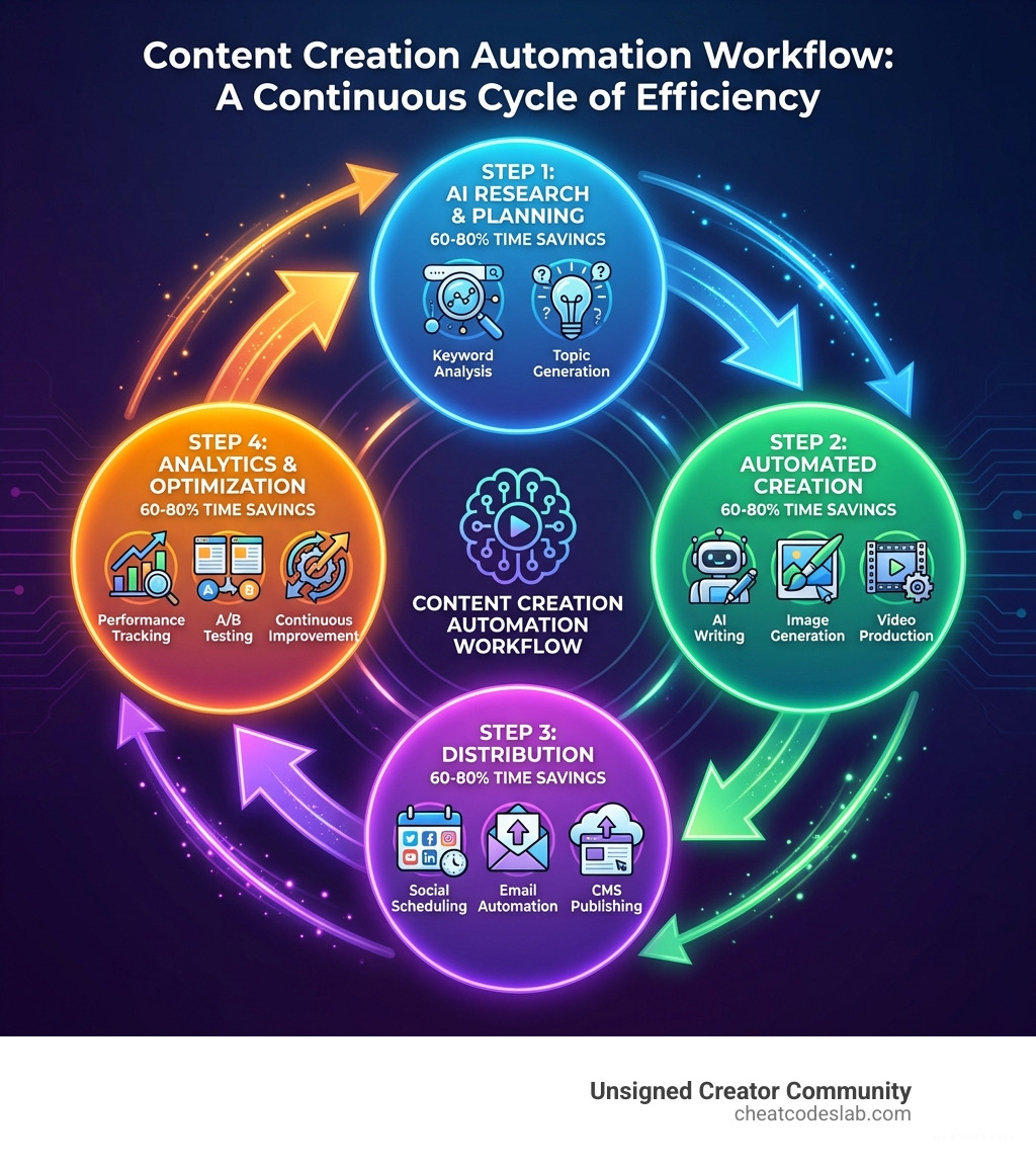 Infographic showing the content automation workflow: Step 1 - AI research and planning (keyword analysis, topic generation), Step 2 - Automated creation (AI writing, image generation, video production), Step 3 - Distribution (social scheduling, email automation, CMS publishing), Step 4 - Analytics and optimization (performance tracking, A/B testing, continuous improvement). Each step shows 60-80% time savings and arrows connecting them in a continuous cycle. - Content creation automation infographic 