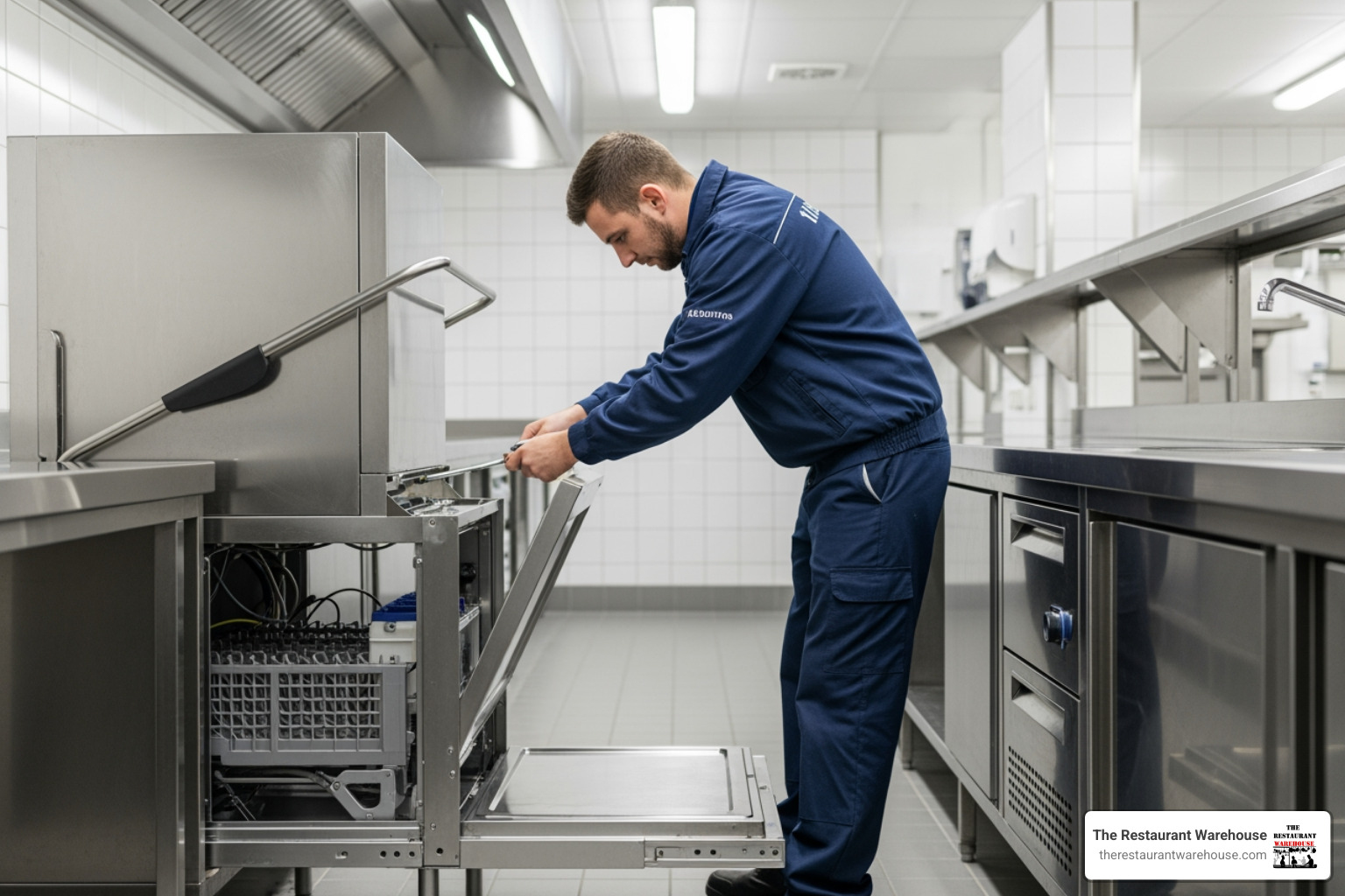 technician professionally installing a door-type commercial dishwasher - commercial dishwasher buy