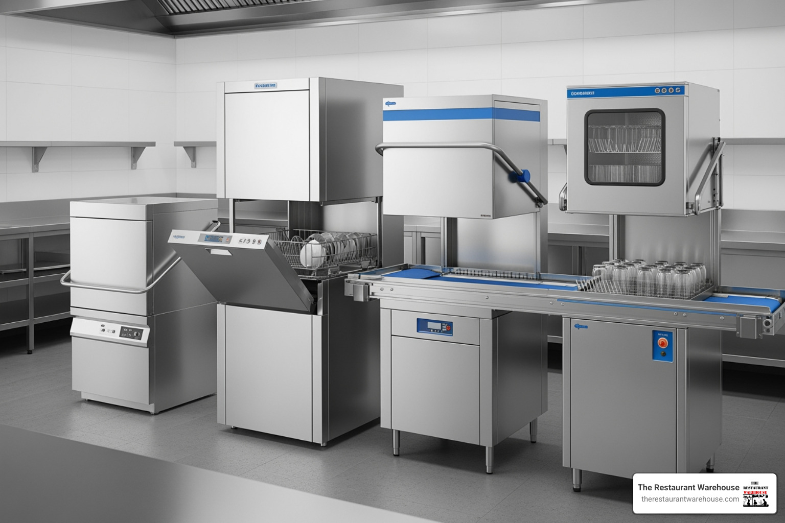 four different types of commercial dishwashers (undercounter, door-type, conveyor, glasswasher) side-by-side for comparison - commercial dishwasher buy